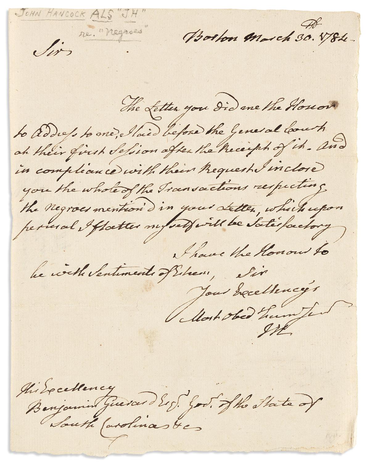 HANCOCK, JOHN. Autograph Letter Signed, JH, as Governor, to Governor of SC Benjamin Guerard,